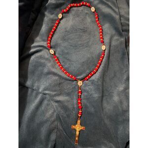 22" Blessed Red Beaded Rosary- Gold Jesus Crucifix, Marian Medals